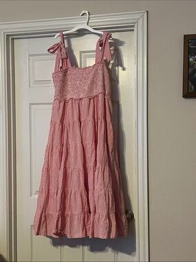 Pink Smocked Tiered Sundress with Tie Straps
